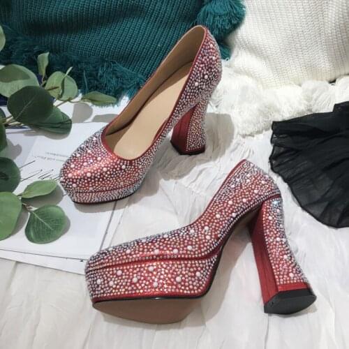 Spring Crystal Bling Round Toe Square High Heel Platform Women Party Wedding Grace Pumps