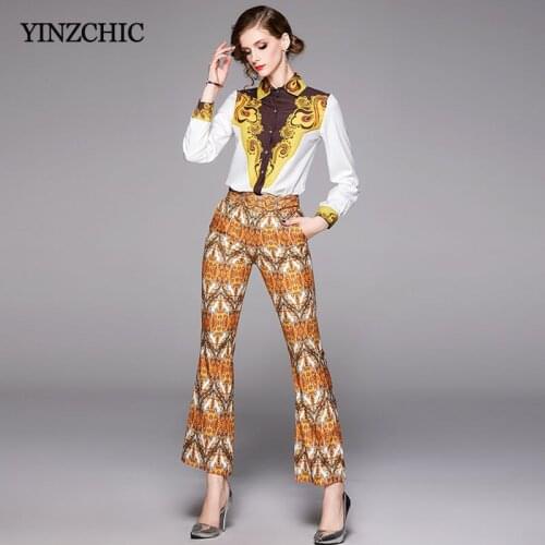 Vintage Spring Woman Printed Suits Regular Blouse + Flare Pants Set for Office Lady Female Work 2pcs Suit Set New