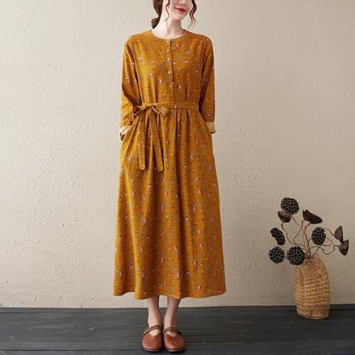 2021 New Arrival Long Sleeve Autumn Dress Cotton Linen Bow Sashes Office Lady Work Dress Print Floral Women Casual Spring Dress