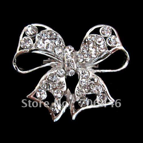 1.8 Inch Silver Plated Clear Rhinestone Crystal Diamante Butterfly Bow Pin Brooch Party