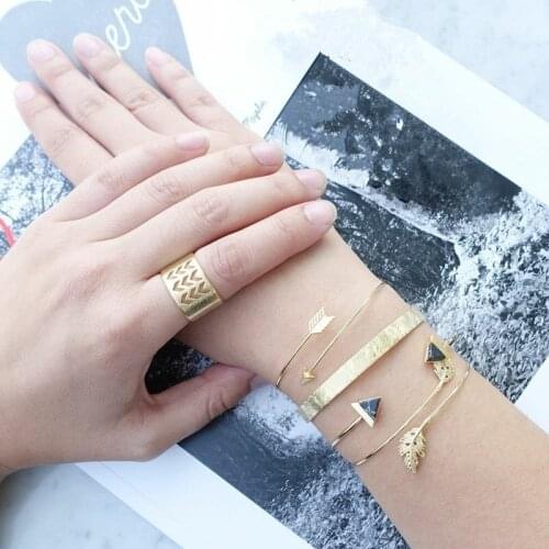 5 Pcs/set Bohemian Women Fashion Gold Arrow Leaf Triangle Gem Open Bracelet Set Vintage Bangle Bracelets Party Jewelry Gifts