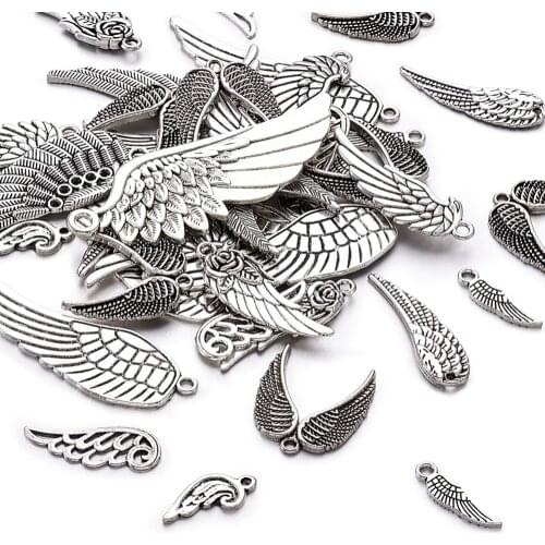 Antique Silver Color Tibetan Style Metal Wing Charms Pendants for Jewelry Making DIY Accessory Findings 100g 24~56x9~21x1~2mm