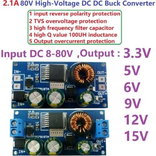 2A DC 80V 72V 64V 48V 36V 24V to 15V 12V 9V 6V 5V HV Buck DC-DC Converter Module Power Supply Board replace LM2596HV LDO