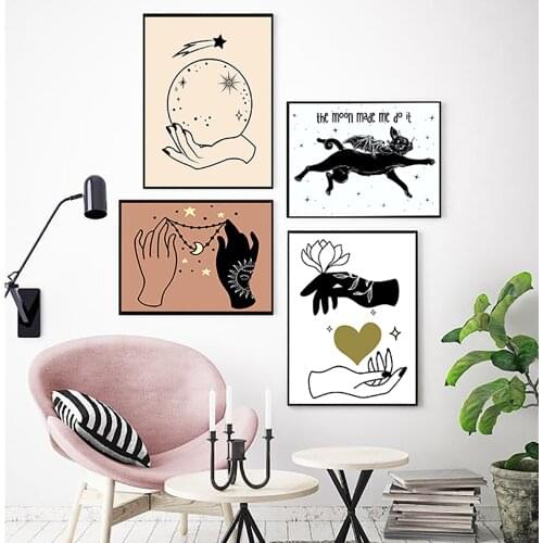 Black Cat Print Line Drawing Magical Hands Crystal Ball Poster Boho Canvas Painting Wall Art Pictures for Living Room Home Decor
