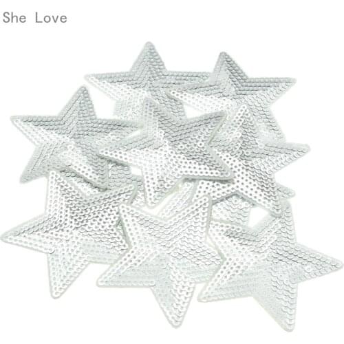 Chzimade 10pcs Silver Star Sequins Iron on Applique Embroidered Patches Sew Fabric Clothes Badge DIY Apparel Accessories