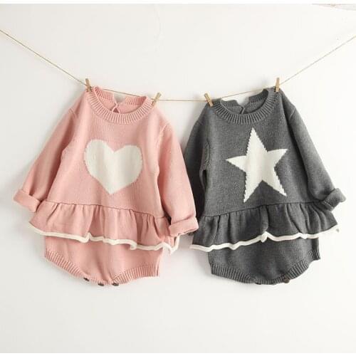 Ins Baby Girls Love Star Knitting Rompers Toddler Infant Kids Sweet New Fashion Candy Pink Gray Color Autumn Winter Clothes