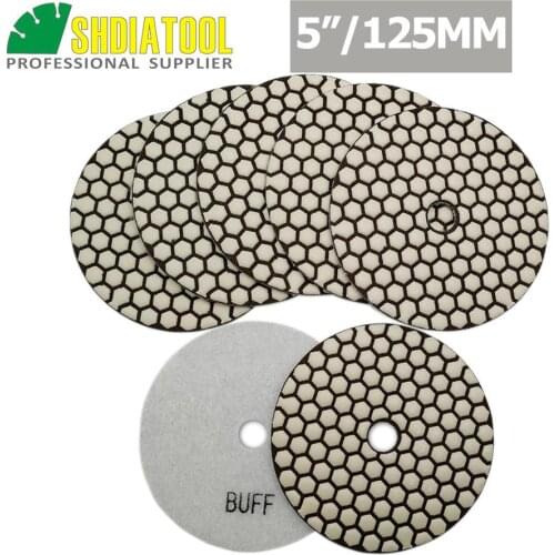 SHDIATOOL 7pcs 5"/125mm White Buff B Diamond Dry Polishing Pads Flexible Sanding Disc For Granite Marble Ceramic Polisher Pad