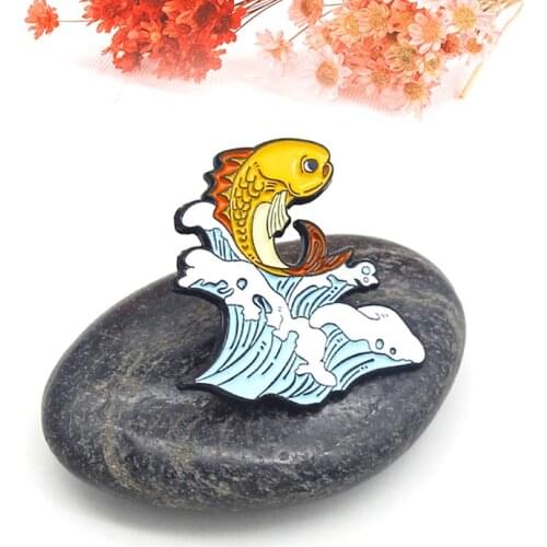 Fish and waves Enamel Brooch Carp leaping over the dragons gate Lapel Pin Backpack clothes Cartoon custom Badge