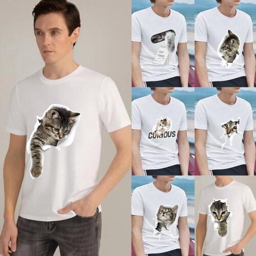 Classic Mens T-shirt Fashion Casual Simple O-neck Cute Cat Print Pattern Series Commuter Wear Comfortable Mens White Slim Top