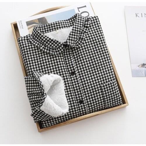 Button Up Plaid Blouse Tops for Women Shirt Winter Clothing Lady Chic Velvet Cotton Shirts Casual Black Blusas Mujer De Moda