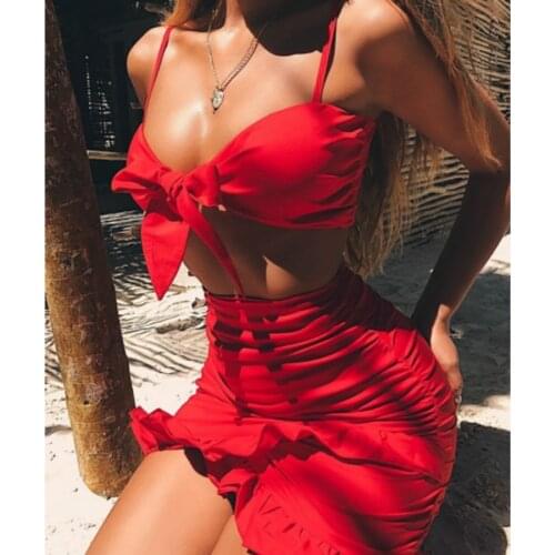 Two Pieces Set Women Ruffles Bow Casual Beach Summer Dress Red Off Shoulder Sexy Club Bodycon Wrap Mini Party Dress