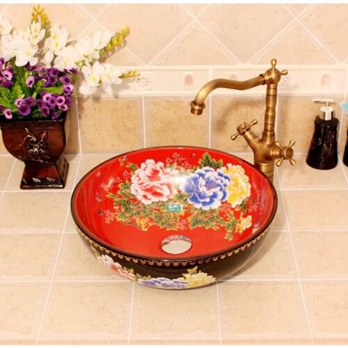 Colorful peony China Vintage Style Ceramic Art Basin Sink Counter Top Wash Basin Bathroom Vessel Sinks ceramic basin wash basin