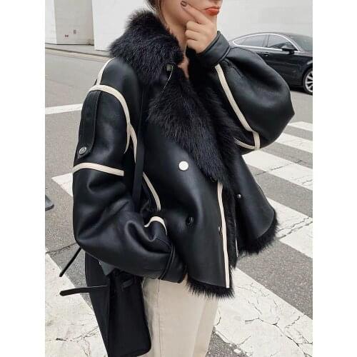 Womens Imported Wool Fur Genuine Sheepskin Leather with Long Sleeves Short Moto Biker Style Jacket