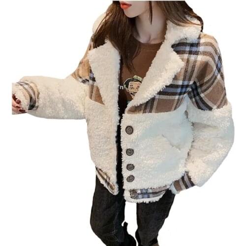 Autumn Jacket Woman Korean Loose Short Lambswool Coat Stitching Houndstooth Fashion Women 2021 Winter Coats Wool Outerwear