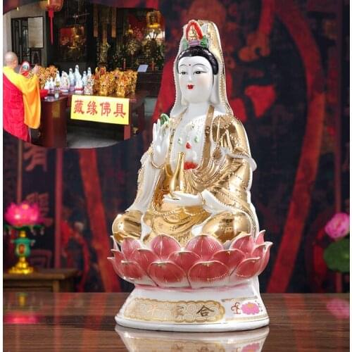 Wholesale Buddha figure Southeast Asia HOME SHOP Temple FENG SHUI gold body Avalokitesvara Nanhai Guanyin Bodhisattva Buddha color Ceramic statue Bless peace safe health good luck 30CM large