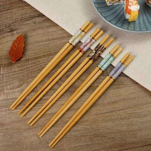 5 Pairs Marbling Anti-skid Bamboo Chopsticks Mildew Proof Sushi Noodles Chinese Food Tableware Cooking Stick Kitchen Tools 24cm