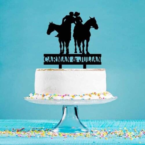 Personalized Wedding Cake Topper Custom Couples Name Couples Riding Horse Silhouettes Cake Topper For Wedding Party Decor YC093