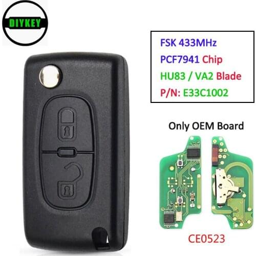 DIYKEY CE0523 OEM Remote Board Flip Remote Key 2 Button FSK 433MHz PCF7941 for PEUGEOT, for CITROEN C2 C3 C4 C5 C6, E33C1002