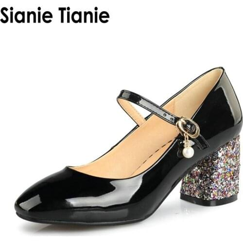 Sianie Tianie patent pu lolita sweet female dance shoes glitter sequin heels block high heeled woman pumps pearls mary janes