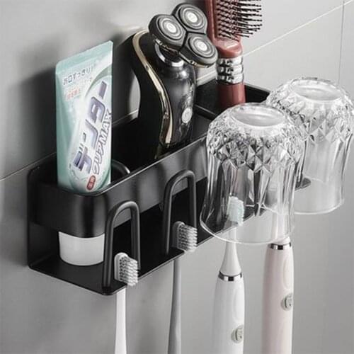 Toothbrush Holder Wall Mounted Punch Free Razor Stand Toothpaste Storage Rack With Cup Organizer Shelf Bathroom Accessories