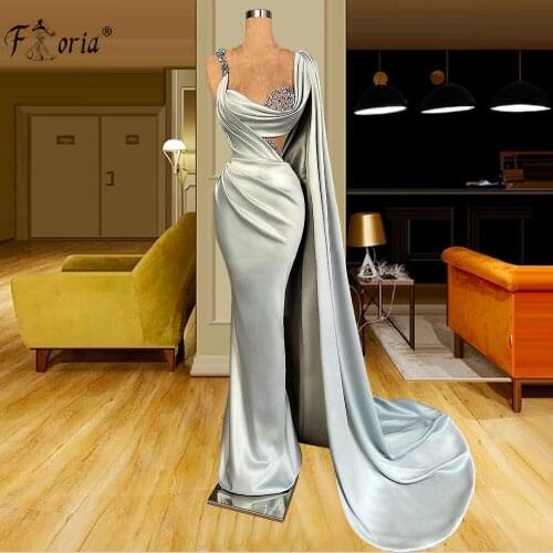 Gorgeous Silver Satin Mermaid Evening Dresses One Shoulder Beading Muslim Celebrity Dress For Woman Party Vestidos De Fiesta