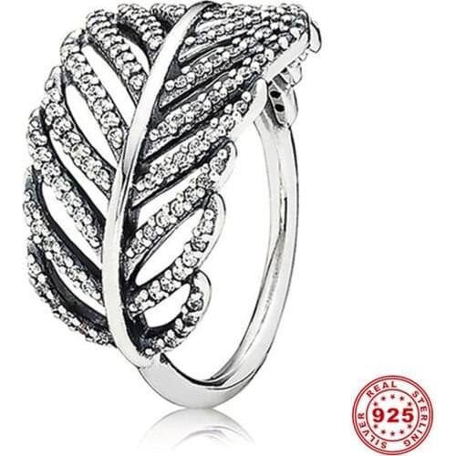 Vintage Authentic 925 Sterling Silver Rings Light As A Feather, Clear CZ Zircon Wedding Fashion Jewelry Dropshipping