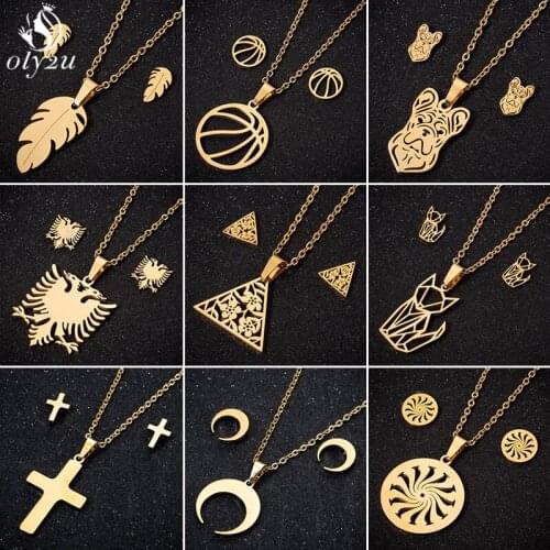 Punk Stainless Steel Jewelry Sets for Women Men Bijoux Gold Fashion Feather Cat Dog Cross Moon Necklace Earrings Wedding Gifts