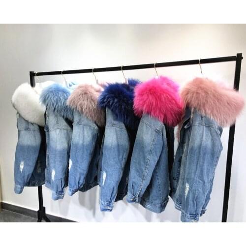 Women Clothes Korean Denim Parka Winter Jacket Real Fur Coat Natural Raccoon Fur Collar Real Thick Warm Fox Fur Liner Outerwear