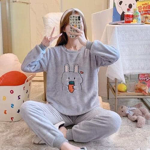 Women Flannel Pyjamas Adults Winter Warm Pajama Sets Long Sleeved Velvet Cartoon Sleepwear Femme Pijamas Pants Home Clothing