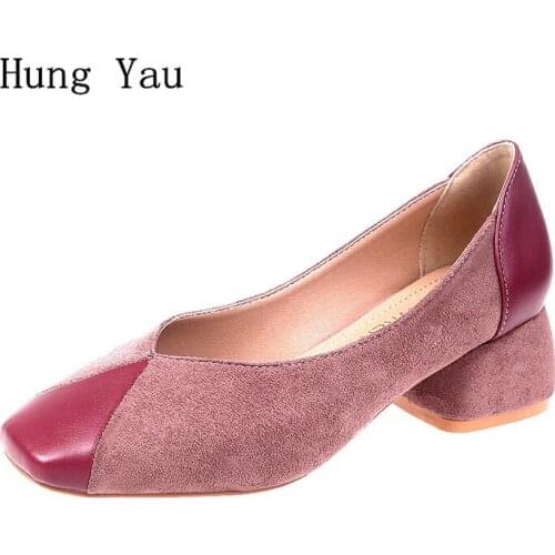 Women Pumps High Heels Shoes Casual Shallow Square Toe Thick Heels Woman Walking 2019 Spring Fashion Slip On Work Comfortable