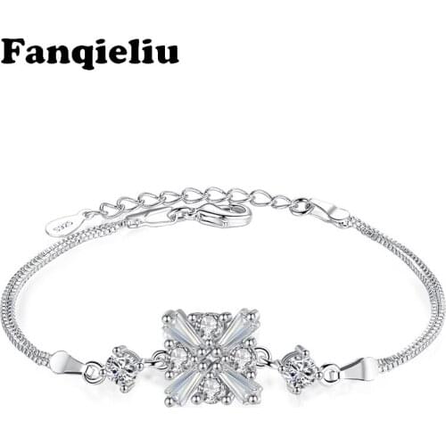 Fanqieliu Double Chain Sterling 925 Silver Bracelet For Women Square Charms Crystal Charming Bracelets Women Pulsera FQL20340