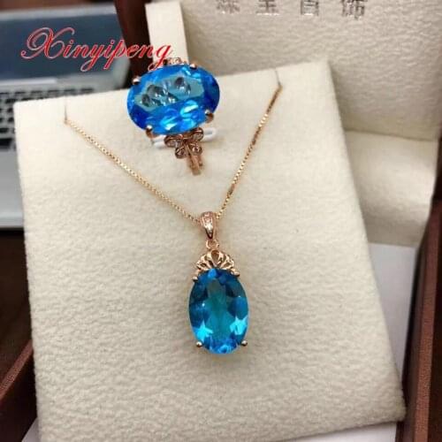 Xin yi peng 925 silver inlaid natural topaz stone ring necklace suit women fashion beautiful