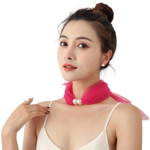 Women Thin Organza Necklace Scarf Narrow Long Neck Scarves Silk Candy Color Transparent Chiffon Scarf Pearl Decoration Bib Scarf