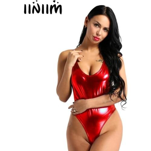 Women Femme Erotic Lingerie Catsuit Bodycon Shiny Metallic Skinny body latex Bodystocking Leather Sexy High Cut Leotard Bodysuit