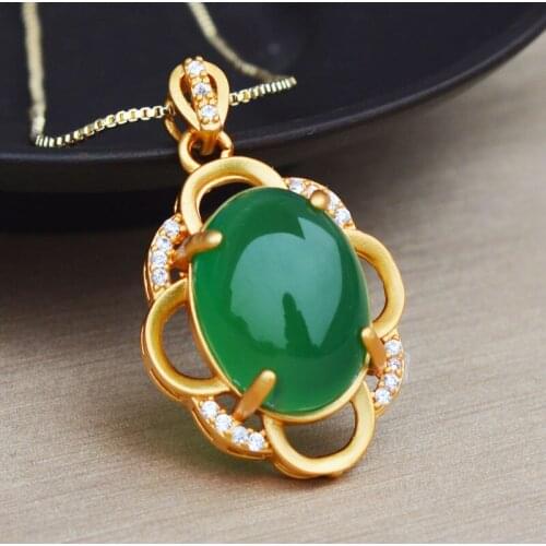 Women Chalcedony Necklace Pendant Green Agate Egg 925 Silver Gold Plated Pendant Gift for Female Fine Jewelry