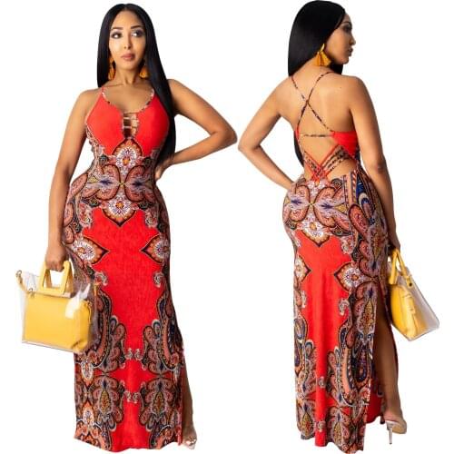 Womens Red Printed Bag Hip Hem Side Split Sexy Dress Club Party Wear Halter Long Dress African Clothes 2021 Summer New Arrivals