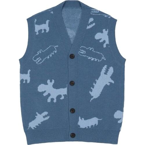 LACIBLE Men Streetwear Harajuku Knitted Vest Cardigan Abstract Dinosaur Sleeveless Vest Loose Casual Autumn Kint Waistcoat Tops