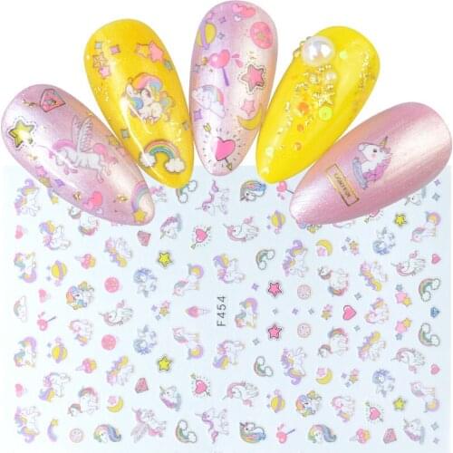Unicorns Rainbow Heart Star Moon Mix Patterns Self Adhesive Sticker for Nails 3D Embossed Decal Manicure Decorations