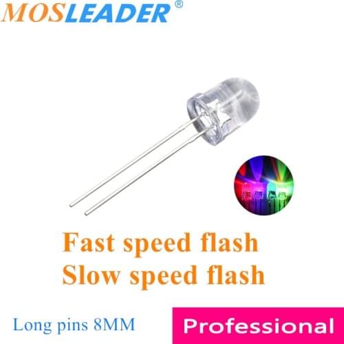 Mosleader 500pcs 8MM RGB Flash led Fast speed flash Slow speed flash Red Green Blue Transparent Long pins Round top leds