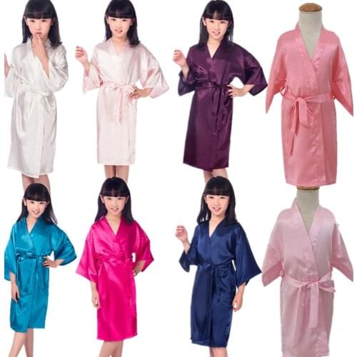 VIP Link Bathrobe Kids Children Clothes Girls Solid Silk Satin Kimono Robes Bathrobe Sleepwear Clothes roupao infantil