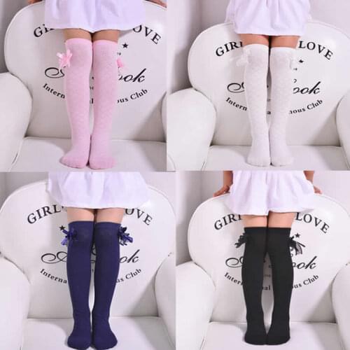 Children kids summer tube socks rhombus lattice girl princess socks knee lace bowknot Slim 100% cotton knee above long socks