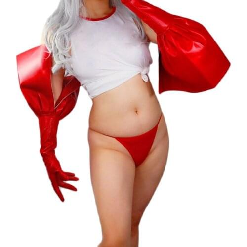 Long Leather Gloves Female 70cm Oversized Flying Edge Lace Sleeves Angel Wings Red Faux Imitation Leather PU Gloves Women WPU316