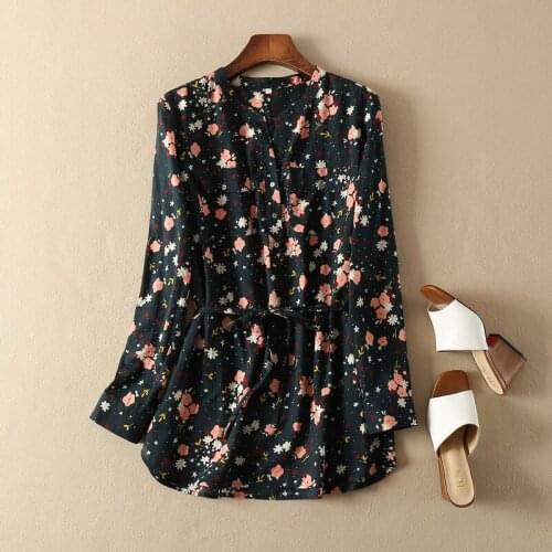 ElfStyle Cotton 100% Long Sleeve Floral Printing Long Blouse Shirt - Ladies Drawstring Pullover Shirt Top