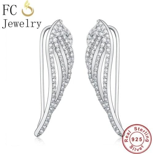 FC Jewelry 100% 925 Silver Hollow Angel Feather Wings Pave Zirconia Stud Earrings For Women Sparkling Brincos Girl Winter 2020