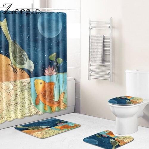 Cartoon Animal Pattern Flannel Bath Mat with Waterproof Shower Curtain Non-slip Toilet Cover Seat Mat Absorbent Toilet Rug