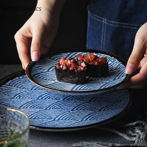 Japanese-style Sea Ripple Printing Ceramic Tableware Sushi Round Plate Household Kitchen Dinner Plates Restaurant Serving Tray