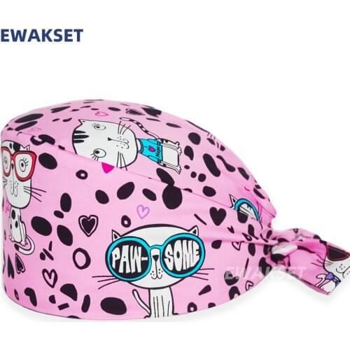 Cool cat printing Beauty salon cap Cartoon cotton scrub cap Dental lab Health service work cap for Women and Men Nurse hat
