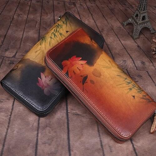 Genuine Leather Clutch Purse Female Vintage Flower Style 2019 Designer Brand Cards Holder Women Wallets Zipper Long Wallet