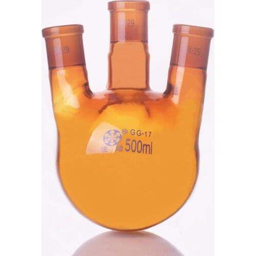 Brown Three-necked flask straight shape,with three necks standard grinding mouth,500ml,Middle joint 24/29,lateral joint 24/29