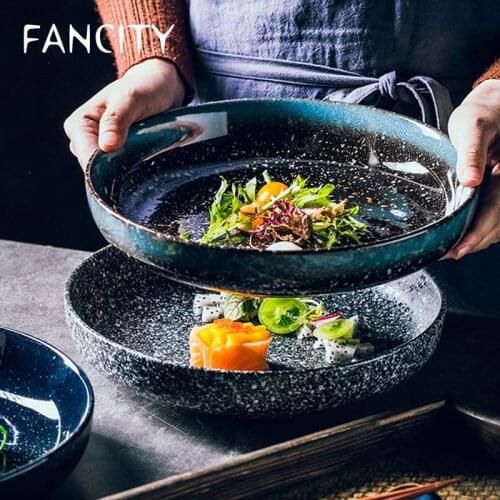 FANCITY Creative round deep dish, large capacity ceramic dish, crayfish serving dish, large dish, soup dish, practical flat dish